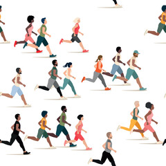 Fototapeta na wymiar A large group of men and women of different nationalities run together. Marathon. Sports and active lifestyle. Flat vector seamless pattern.