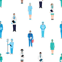 Doctors and nurses seamless pattern. Thank you doctors for saving lives. Doctors, nurses and paramedics in medical clothes and protective masks of different nationalities and genders.
