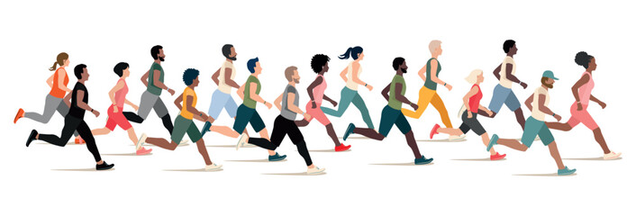 A large group of men and women of different nationalities run together. Marathon. Sports and active lifestyle. Flat vector illustration. - 608267506