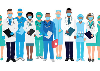 Doctors and nurses seamless pattern. Thank you doctors for saving lives. Doctors, nurses and paramedics in medical clothes and protective masks of different nationalities and genders.
