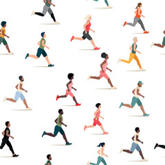 Fototapeta na wymiar A large group of men and women of different nationalities run together. Marathon. Sports and active lifestyle. Flat vector seamless pattern.