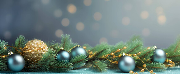 Christmas tree branches decorated with gold and blue toys on a light blue background, banner, Christmas card. Generative AI