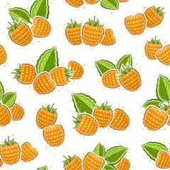 Vector Yellow Raspberry seamless pattern, repeat background with illustration of raspberries still life composition with green leaves for wrapping paper, collection of flat lay yellow raspberry fruits