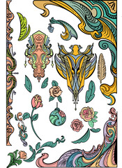 Asian graphic and flower elements