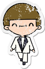freehand drawn distressed sticker cartoon of cute kawaii boy in suit