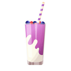 Berry milkshake decorated with blueberry and raspberry. Cartoon style illustration isolated on white background.