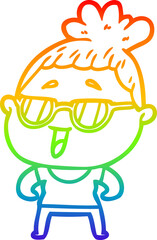 rainbow gradient line drawing of a cartoon happy woman wearing spectacles