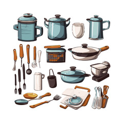 Kitchenware set graphic elements in flat design. Bundle of kettle, ladle, spoon, fork, frying pan, mug, board, bowl, knife, rolling pin, spatula and other utensil. Illustration isolated objects