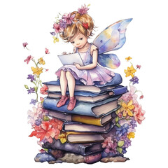 Cute fairy  reading a book Watercolor illustration, AI Generative © JT-Dee