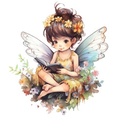 Fototapeta premium Cute fairy reading a book Watercolor illustration, AI Generative