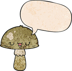 cartoon mushroom with speech bubble in retro texture style