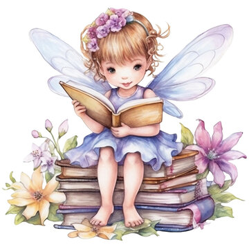 Cute Fairy  Reading A Book Watercolor Illustration, AI Generative