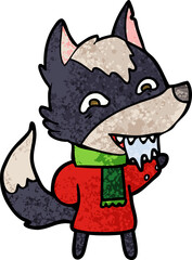 cartoon hungry wolf in winter clothes