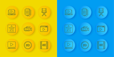 Set line Online play video, Hollywood walk of fame star, Cinema camera, 4k movie, tape, frame, Director chair and ticket icon. Vector