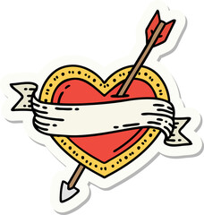sticker of tattoo in traditional style of an arrow heart and banner