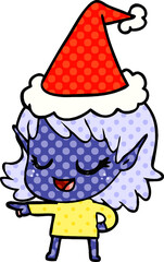 happy hand drawn comic book style illustration of a elf girl pointing wearing santa hat