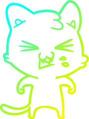 cold gradient line drawing of a cartoon cat hissing