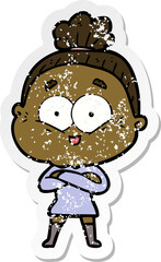 distressed sticker of a cartoon happy old woman