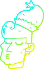 cold gradient line drawing of a cartoon man wearing christmas hat
