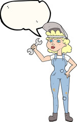 freehand drawn speech bubble cartoon woman with spanner