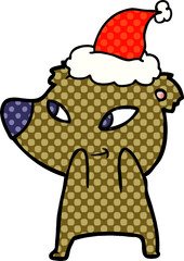 cute hand drawn comic book style illustration of a bear wearing santa hat