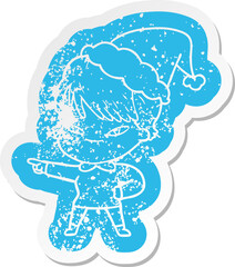 quirky cartoon distressed sticker of a happy woman wearing santa hat