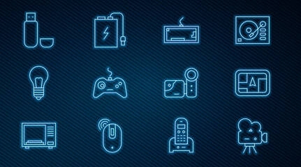 Set line Retro cinema camera, Gps device with map, Keyboard, Gamepad, Light bulb concept of idea, USB flash drive, Cinema and Power bank charge cable icon. Vector