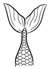 Mermaid tail cute vector icon. Line sea fish hand drawn silhouette isolated on white background. Black contour marine tale girl elements.