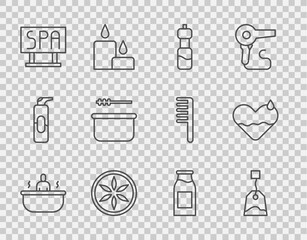 Set line Bathtub, Tea bag, Bottle of water, Leaf plant nature, Spa salon signboard, Sauna bucket and ladle, with milk and Heart heal icon. Vector