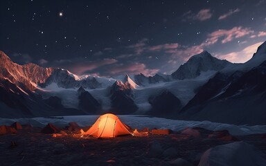 Awesome mountain view photo with bright orange tent near huge glacier tongue under starry night sky