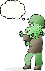 cartoon alien man with thought bubble