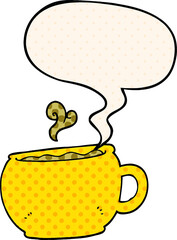 cartoon coffee cup with speech bubble in comic book style