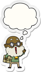 cartoon joyful man with beard and parcel under arm with thought bubble as a printed sticker