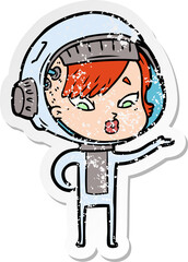 distressed sticker of a cartoon astronaut woman