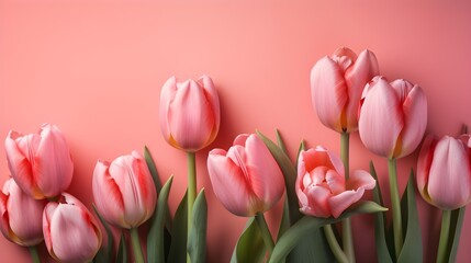 Fototapeta premium A pink tulips bouquet on pastel pink background with copyspace