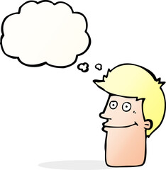 cartoon smiling man with thought bubble