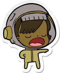 sticker of a cartoon astronaut woman explaining