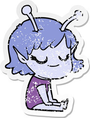 distressed sticker of a smiling alien girl cartoon