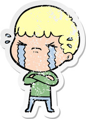 distressed sticker of a cartoon man crying