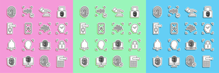 Set line Digital door lock, Fingerprint with, Face recognition, Palm, Mobile and face, and Voice icon. Vector