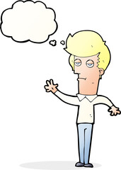 cartoon bored man waving with thought bubble
