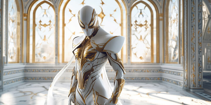 Mensch in futuristischem Cyperspace Anzug Wei&szlig; mit gold und Helm, ai generativ