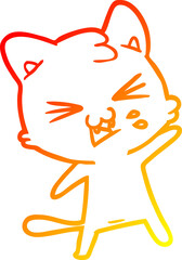 warm gradient line drawing of a cartoon cat hissing