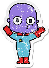 distressed sticker of a cartoon weird bald spaceman
