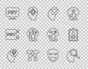 Set line Psychology, Psi, Finding a problem, Broken heart or divorce, Question mark, Head with question, Comedy theatrical mask and Medical clipboard icon. Vector