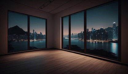 Fototapeta na wymiar the view empty room with glass windows, illustration, Generative AI