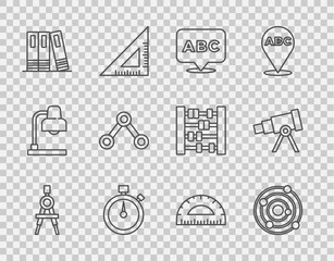 Set line Drawing compass, Solar system, Alphabet, Stopwatch, Office folders, Molecule, Protractor and Telescope icon. Vector