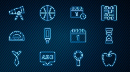 Set line Apple, Old hourglass with sand, Calendar first september date, Marker pen, Protractor, Telescope, and Basketball ball icon. Vector