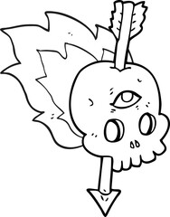 freehand drawn black and white cartoon magic skull with arrow through brain