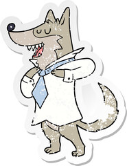 distressed sticker of a cartoon office wolf getting dressed